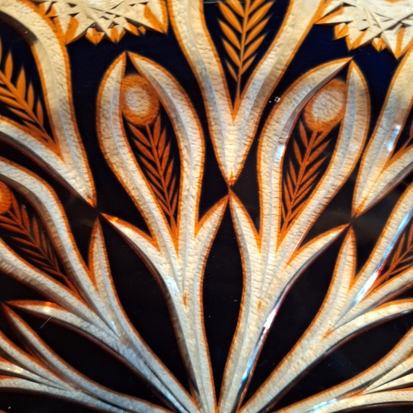 Vintage Czech Bohemian Cut to Clear 12.5" Bowl Feather Pattern Brown Orange - Picture 7 of 16